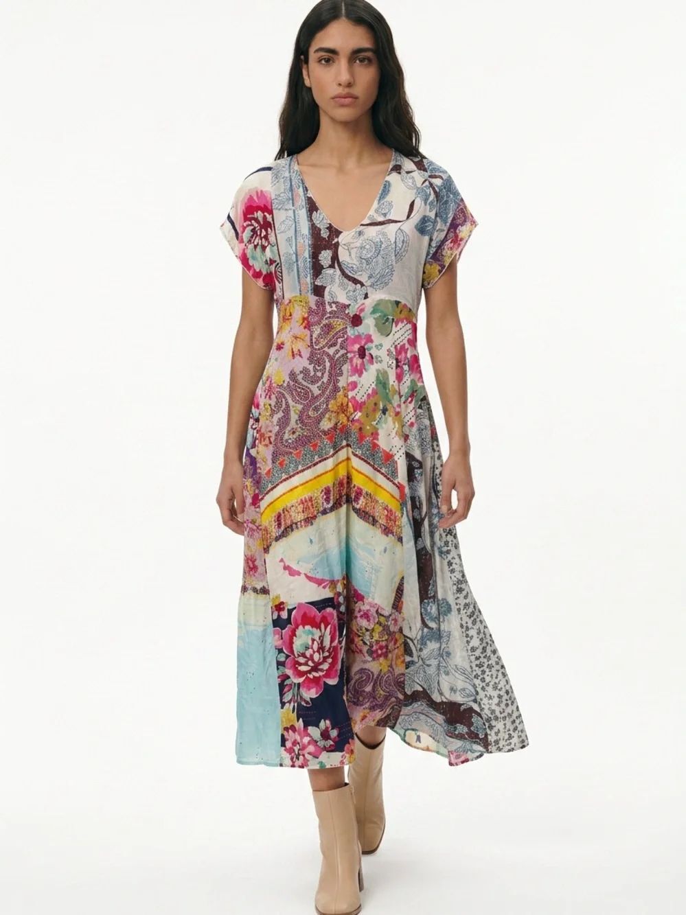 JOHNNY WAS | Silk Patchwork Floral V-Neck Maxi Dress Women’s Size Large